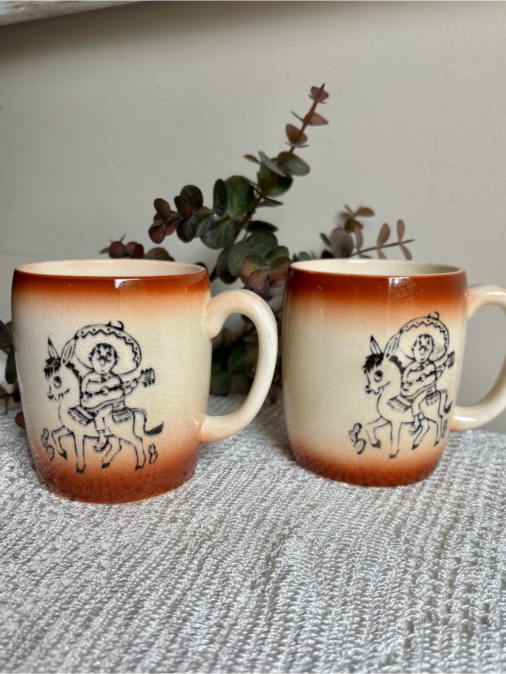 VTG Japan Ceramics Oven Proof x2 Mugs Mexican Sombrero Donkey Siesta Stoneware